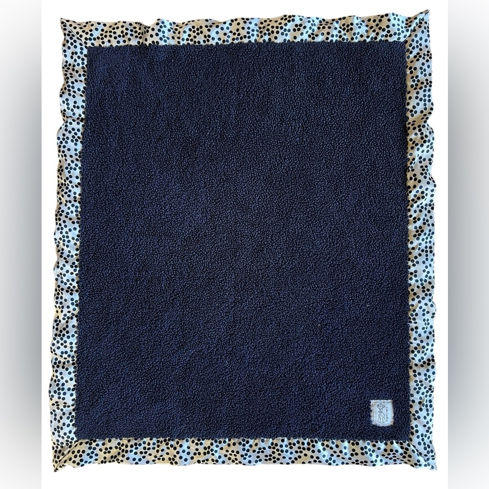 LITTLE GIRAFFE Navy Blue Chenille w Satin Polka Dot Trim Luxe Blanket 35x30” USA